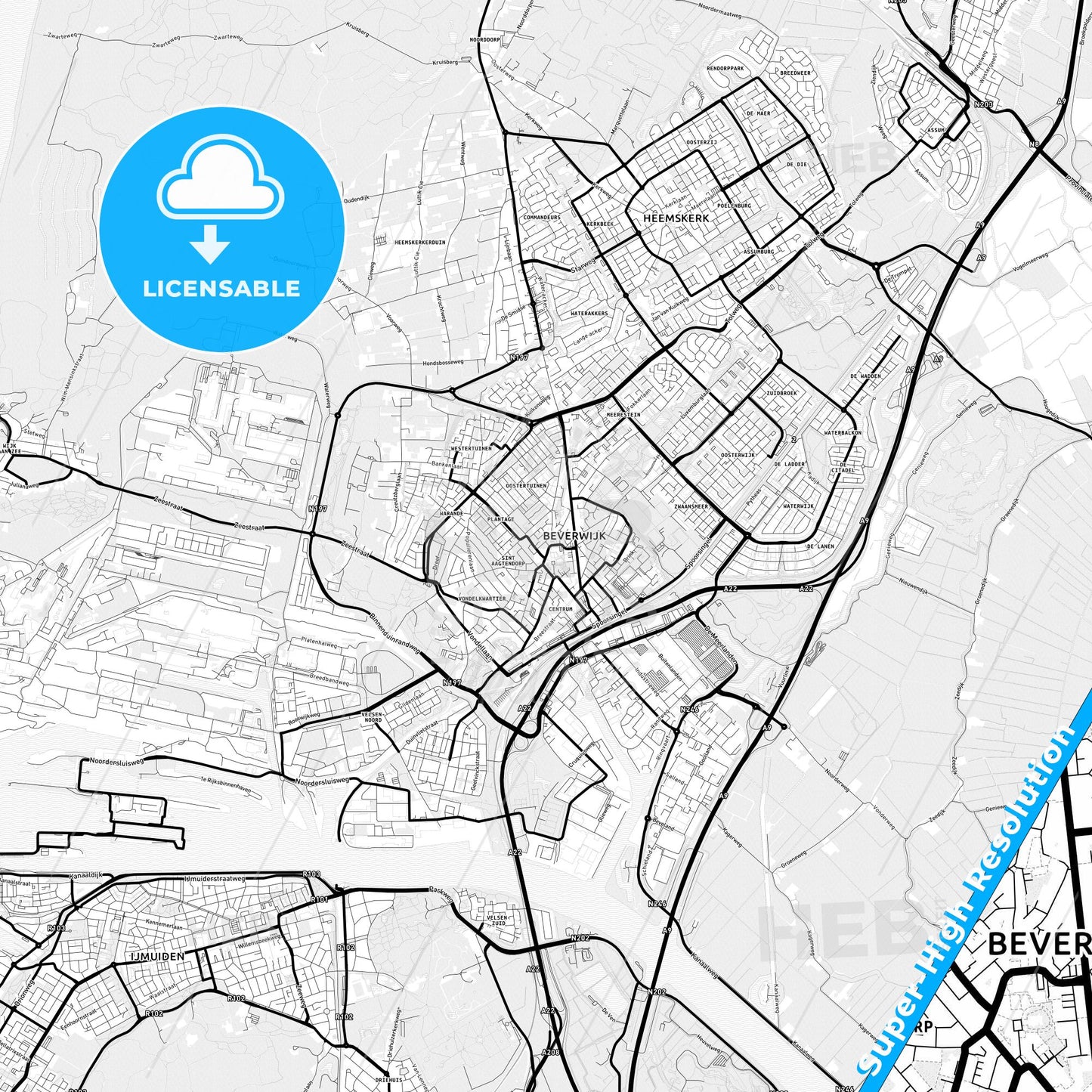 Beverwijk, Netherlands Light Map with Street Names, City Names, and Districts