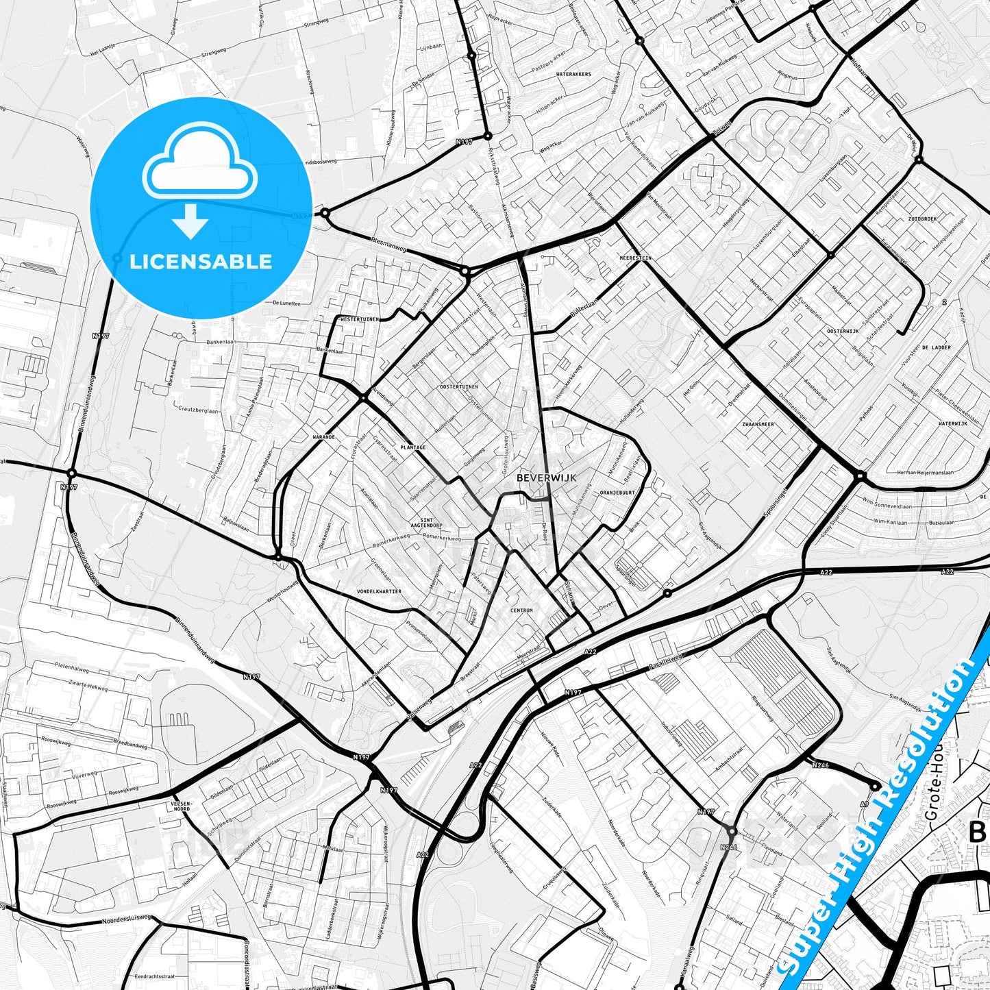 Beverwijk, Netherlands Light Map with Street Names, City Names, and Districts