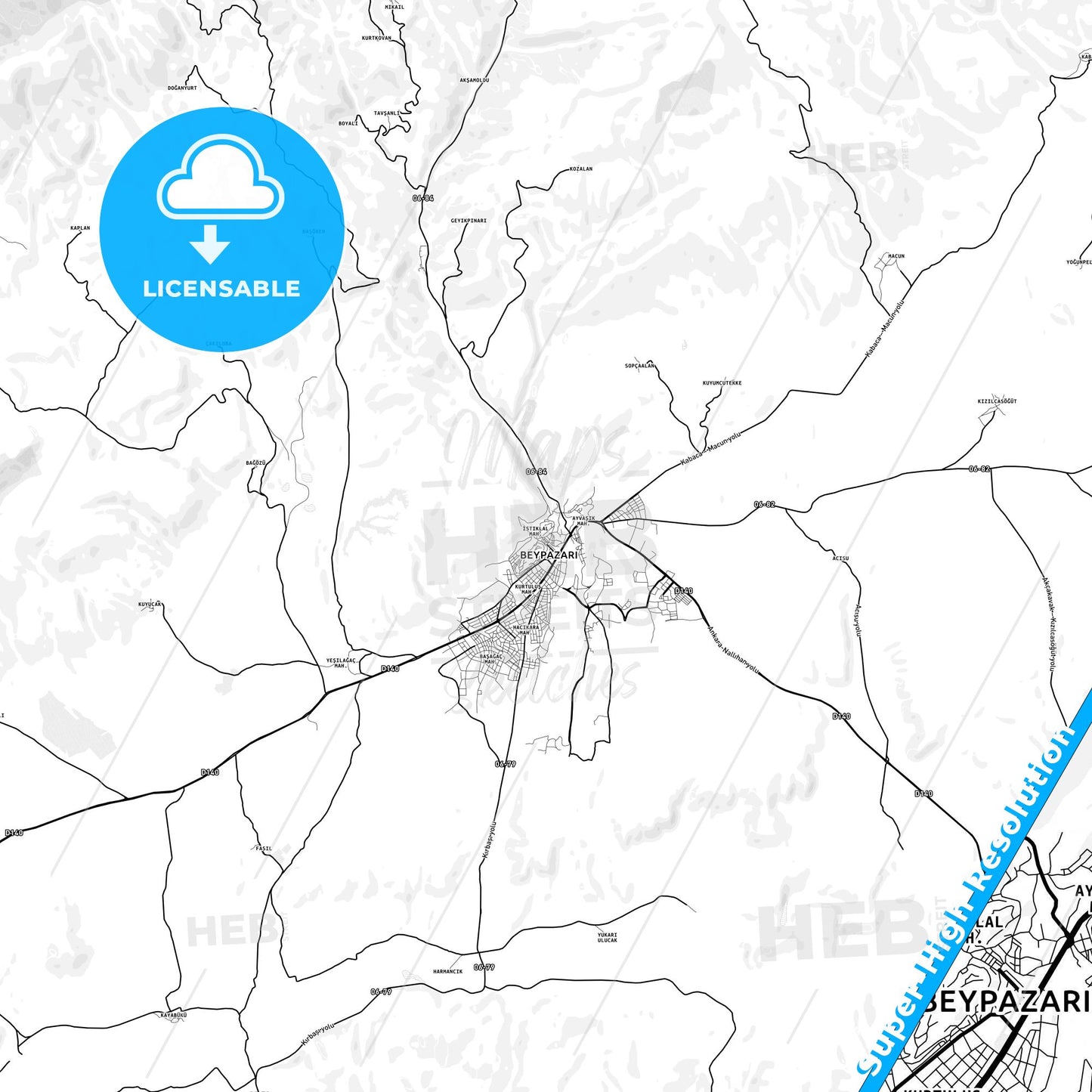 Beypazarı, Turkey light map with streetnames, citynames and districts