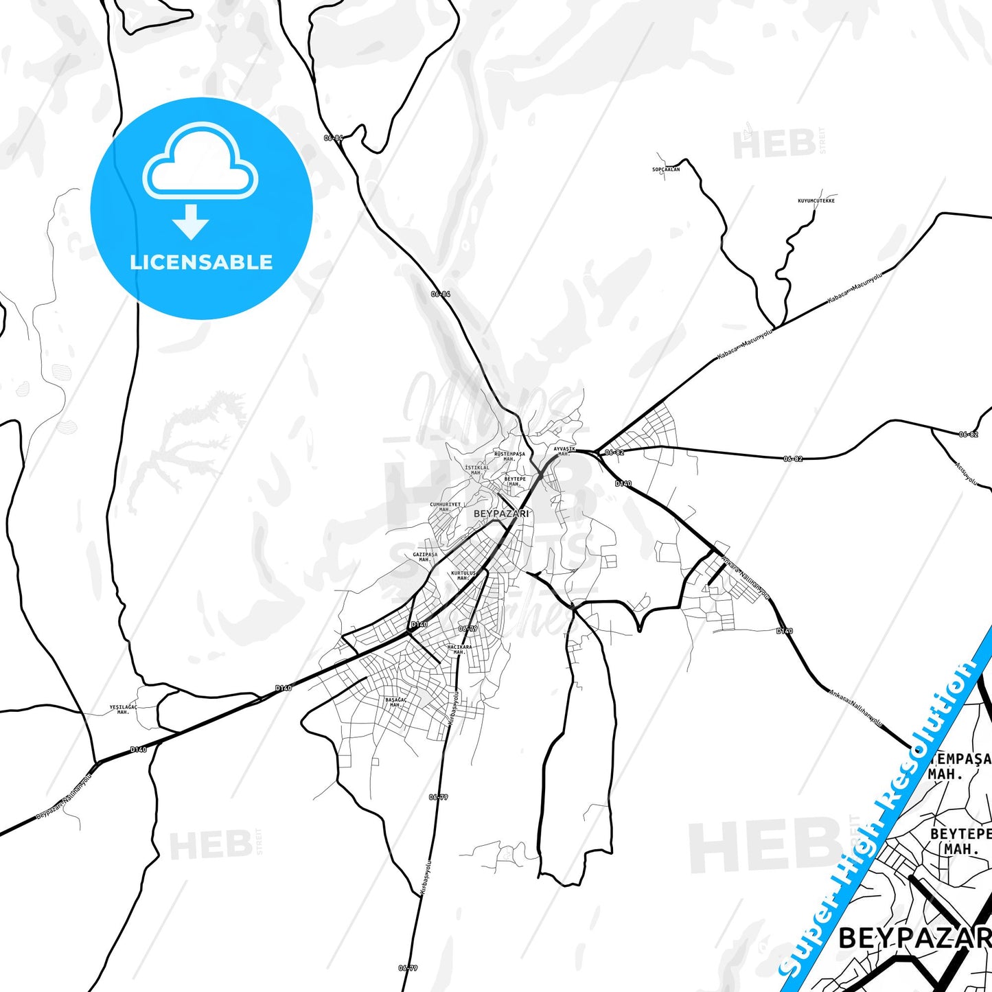 Beypazarı, Turkey Light Map with Street Names, City Names, and Districts