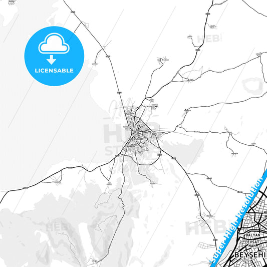 Beyşehir, Turkey light map with streetnames, citynames and districts