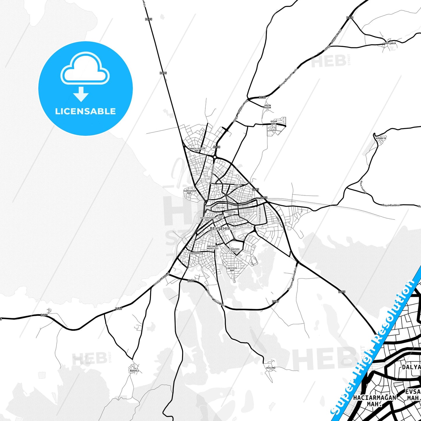 Beyşehir, Turkey Light Map with Street Names, City Names, and Districts