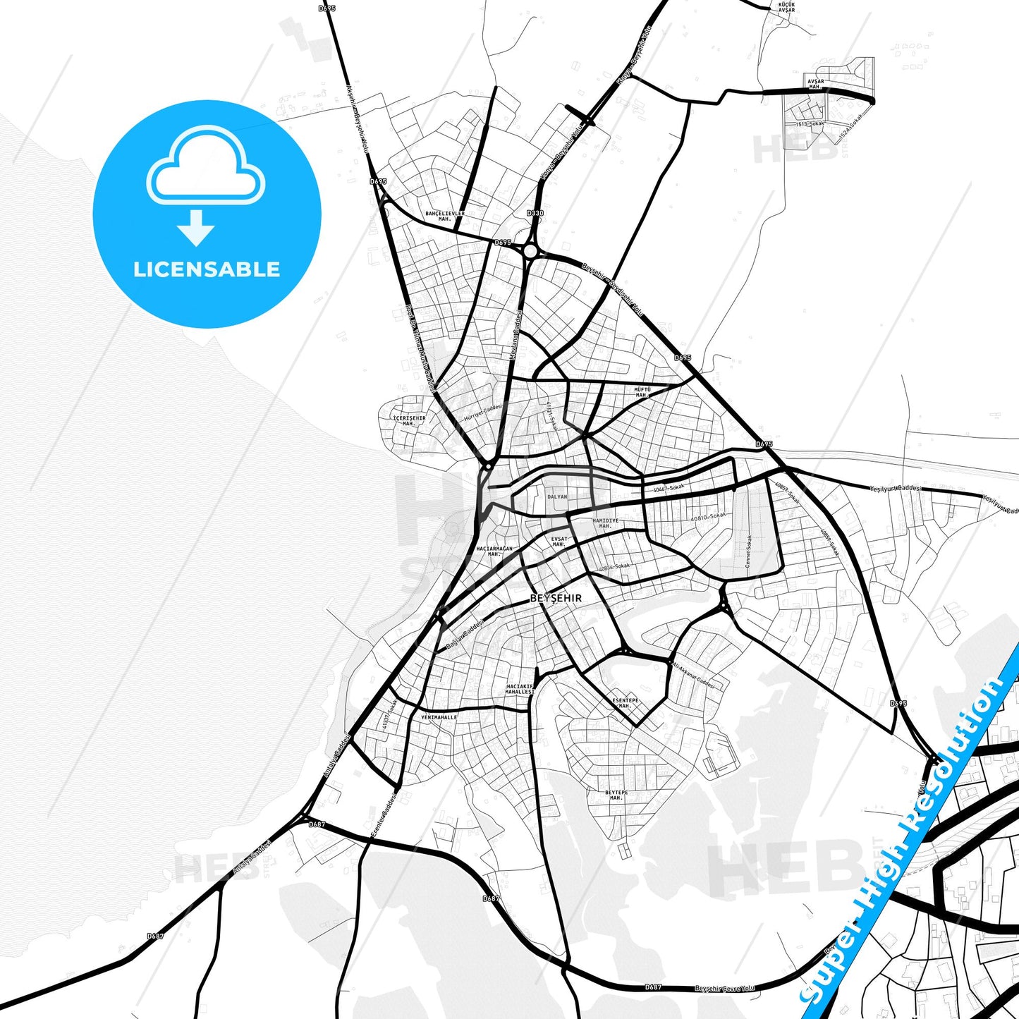 Beyşehir, Turkey Light Map with Street Names, City Names, and Districts