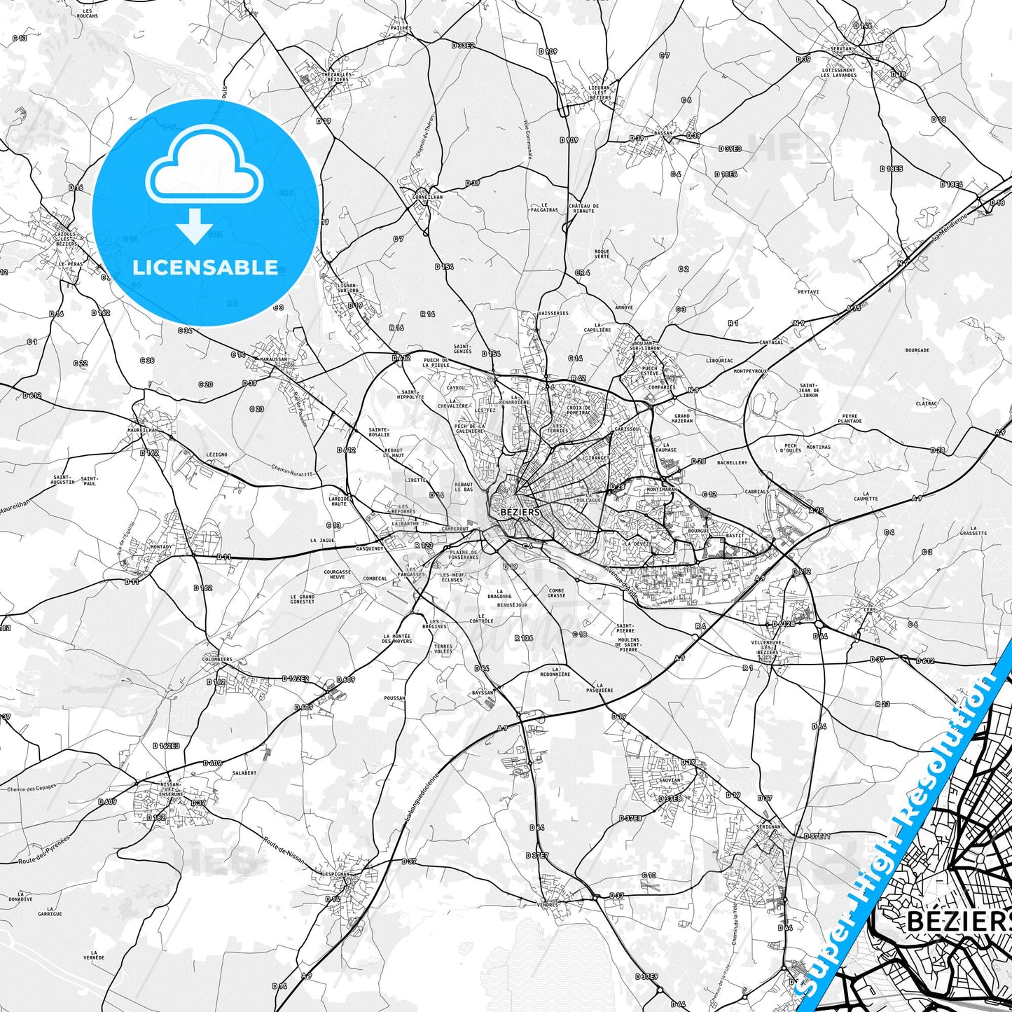 Béziers, France light map with streetnames, citynames and districts