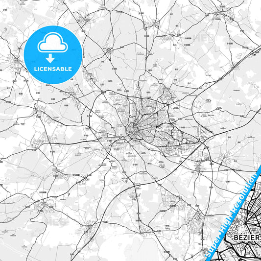 Béziers, France light map with streetnames, citynames and districts