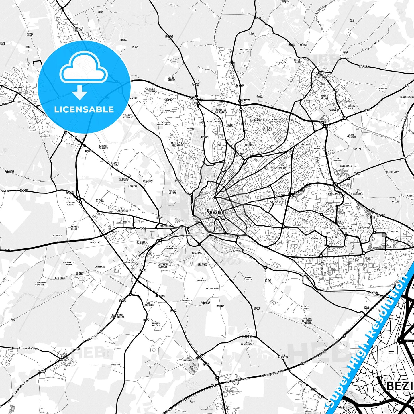 Béziers, France Light Map with Street Names, City Names, and Districts