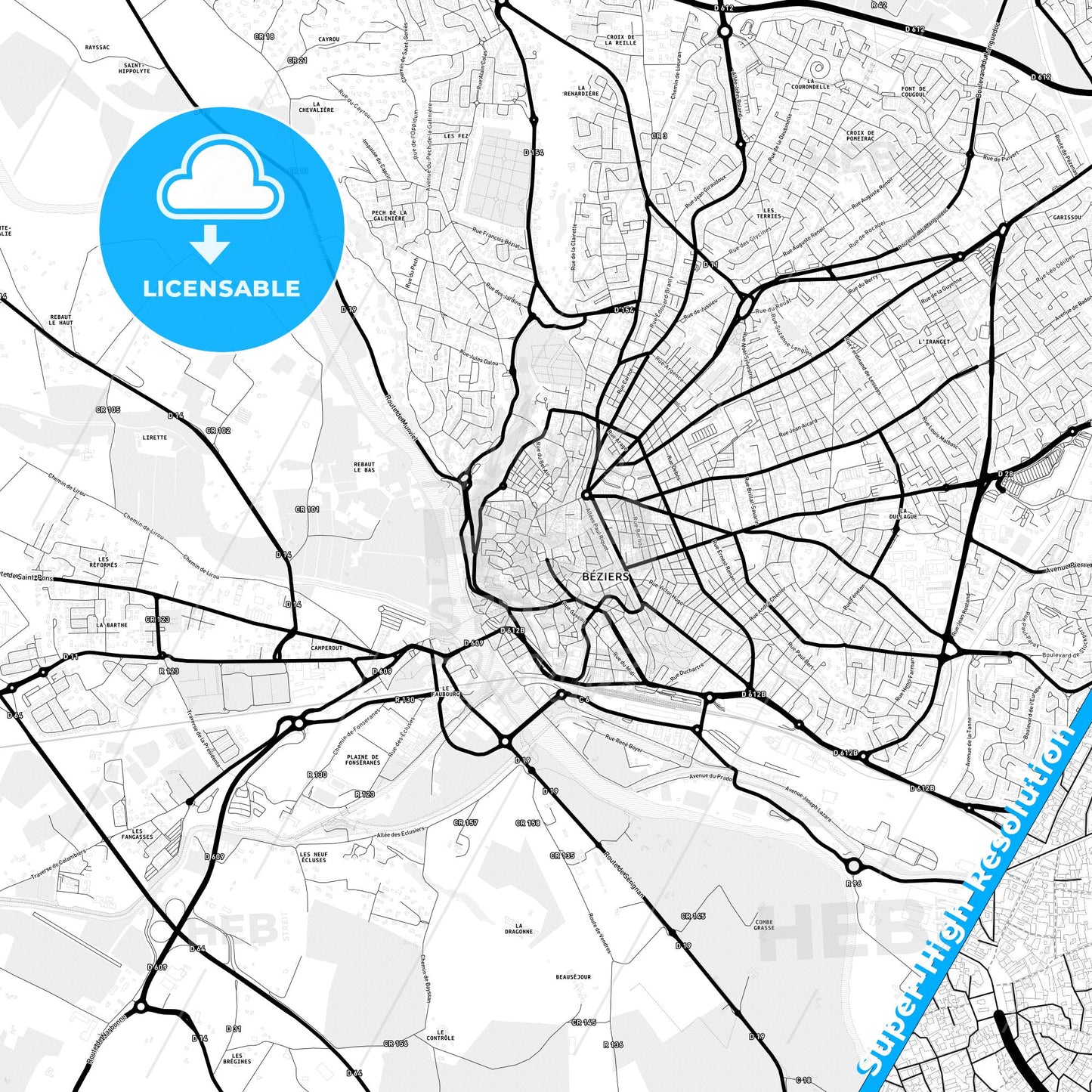 Béziers, France Light Map with Street Names, City Names, and Districts
