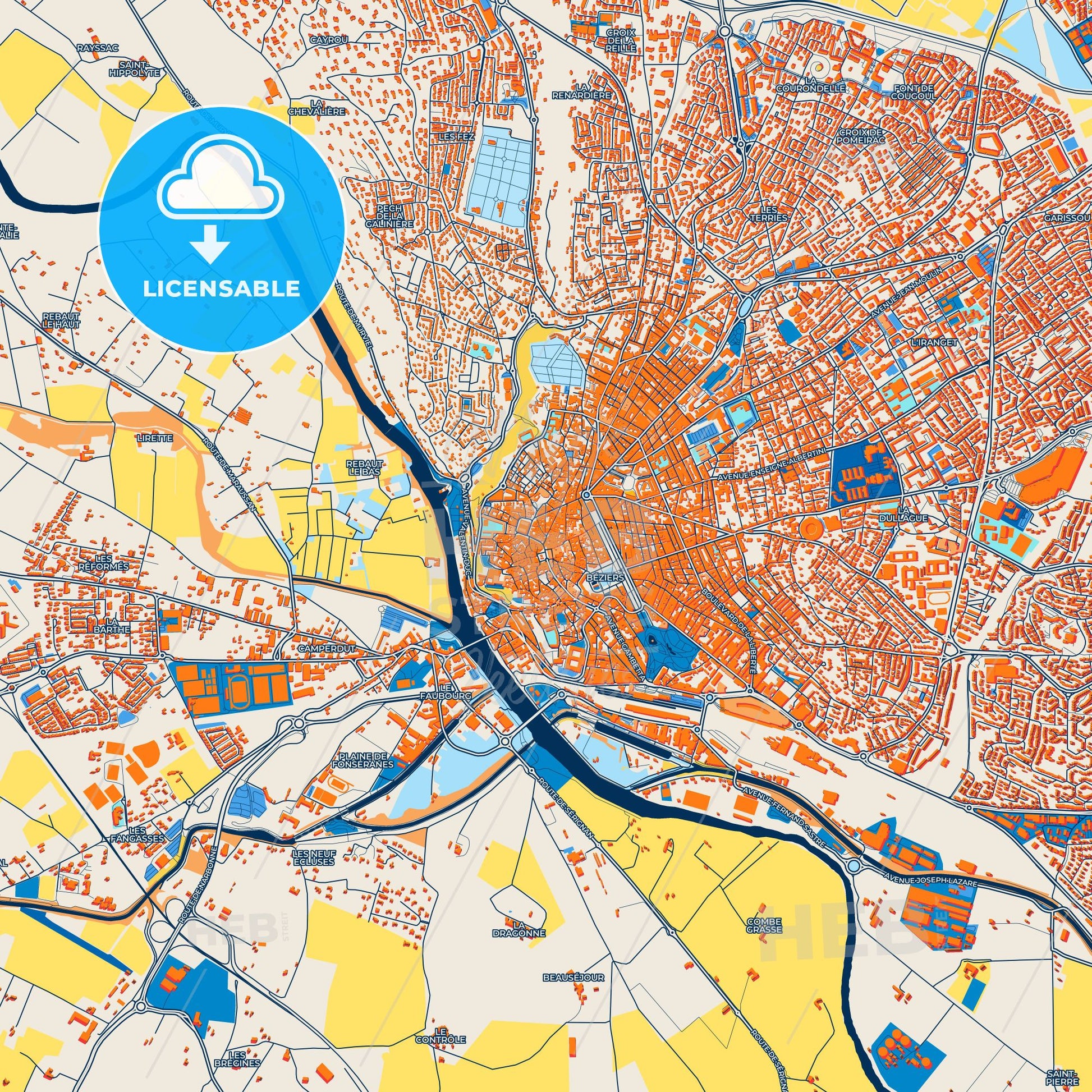 Colorful Béziers Street Map with Labels and Buildings