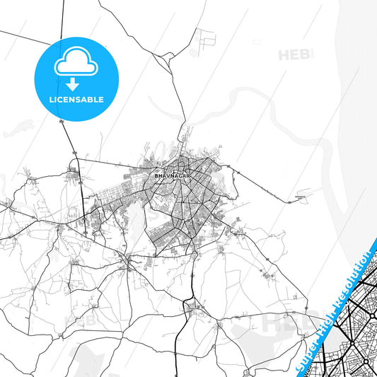 Bhavnagar, India light map with streetnames, citynames and districts