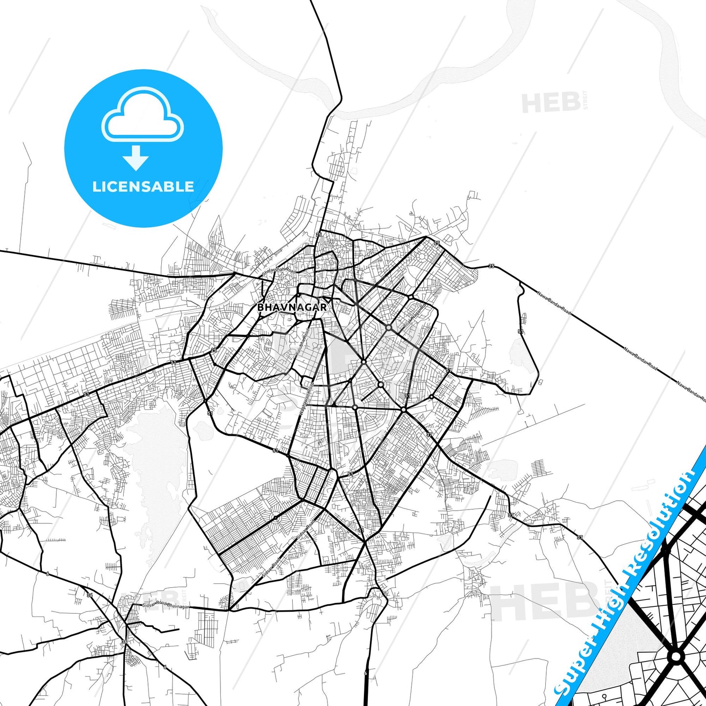 Bhavnagar, India Light Map with Street Names, City Names, and Districts