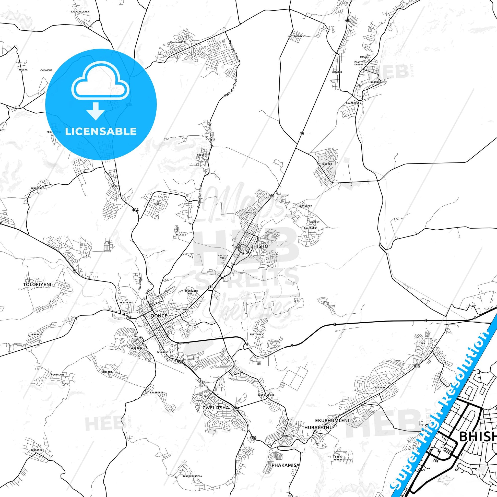 Bhisho, South Africa light map with streetnames, citynames and districts