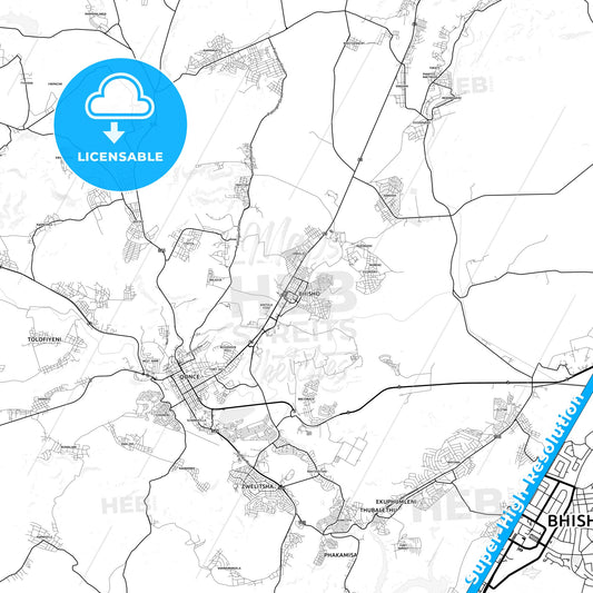 Bhisho, South Africa light map with streetnames, citynames and districts