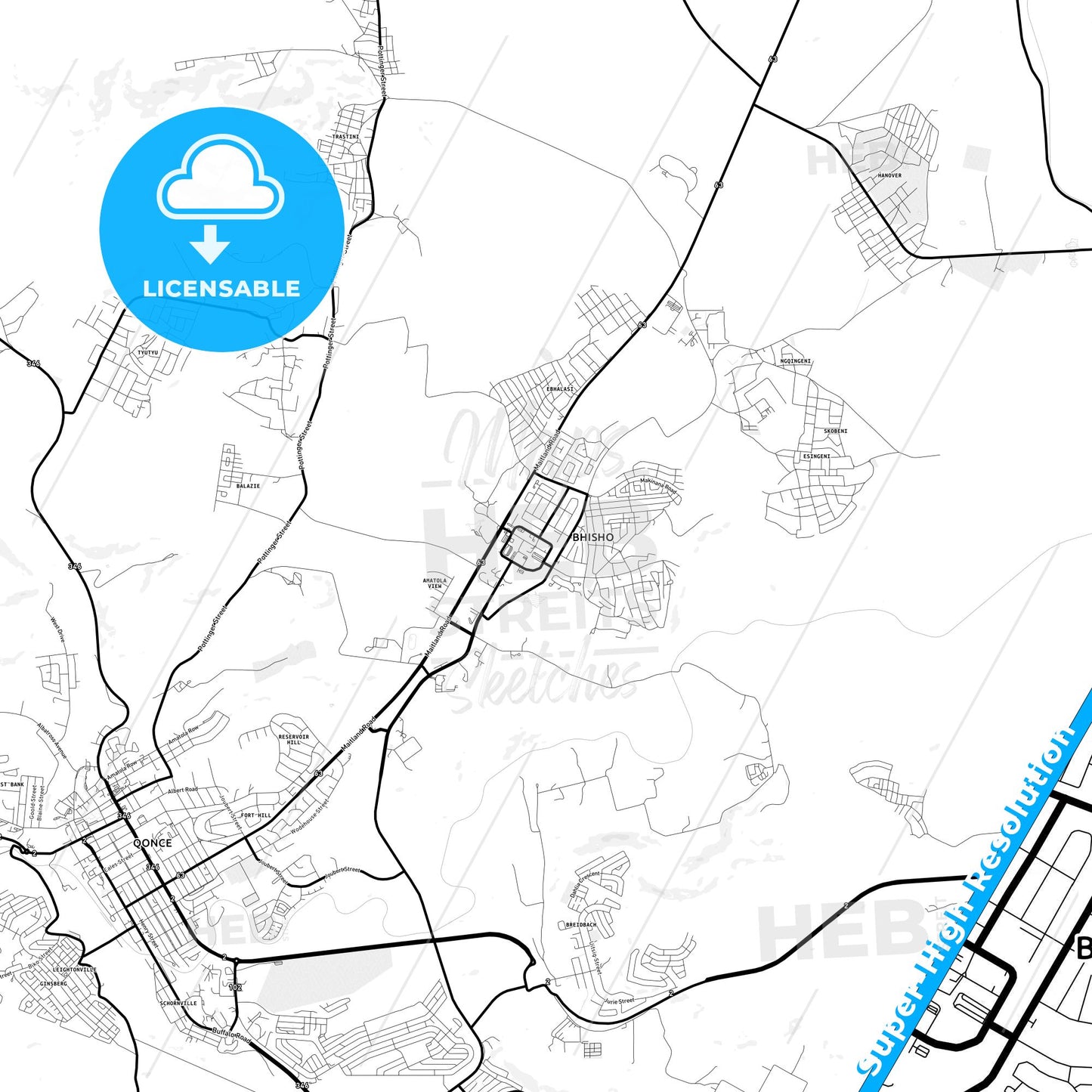 Bhisho, South Africa Light Map with Street Names, City Names, and Districts