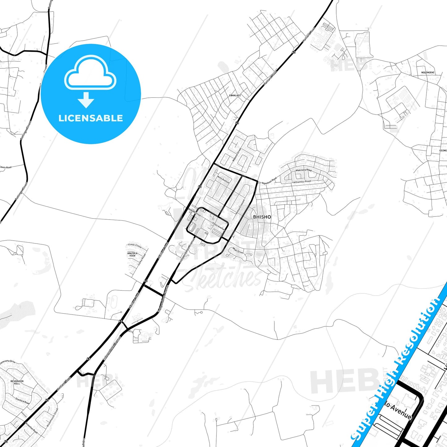 Bhisho, South Africa Light Map with Street Names, City Names, and Districts