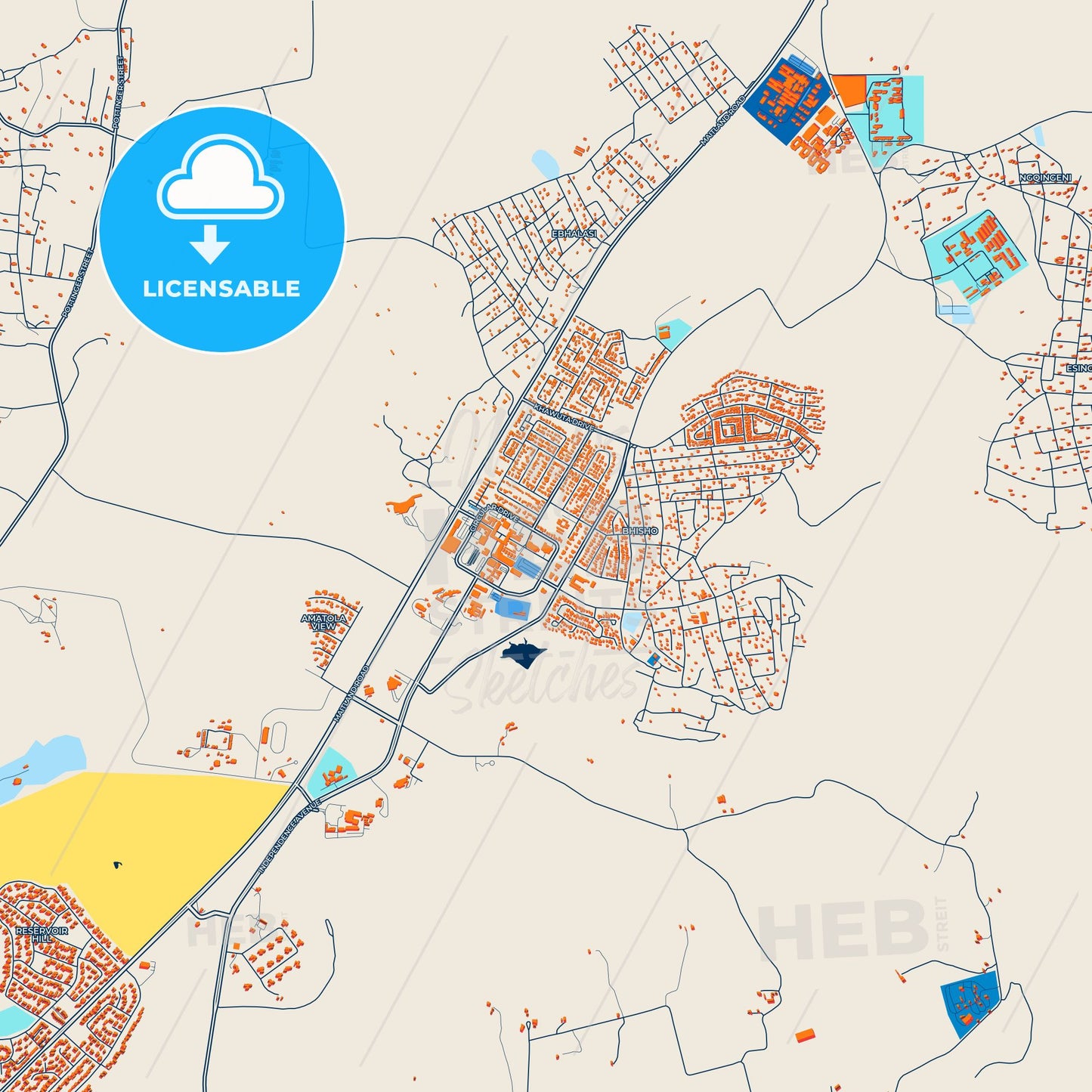 Colorful Bhisho Street Map with Labels and Buildings