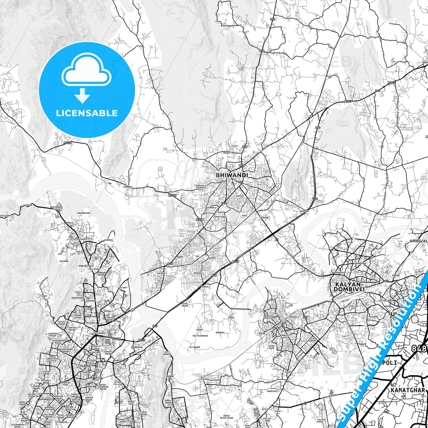 Bhiwandi, India light map with streetnames, citynames and districts