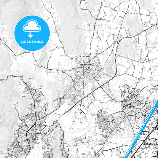 Bhiwandi, India light map with streetnames, citynames and districts