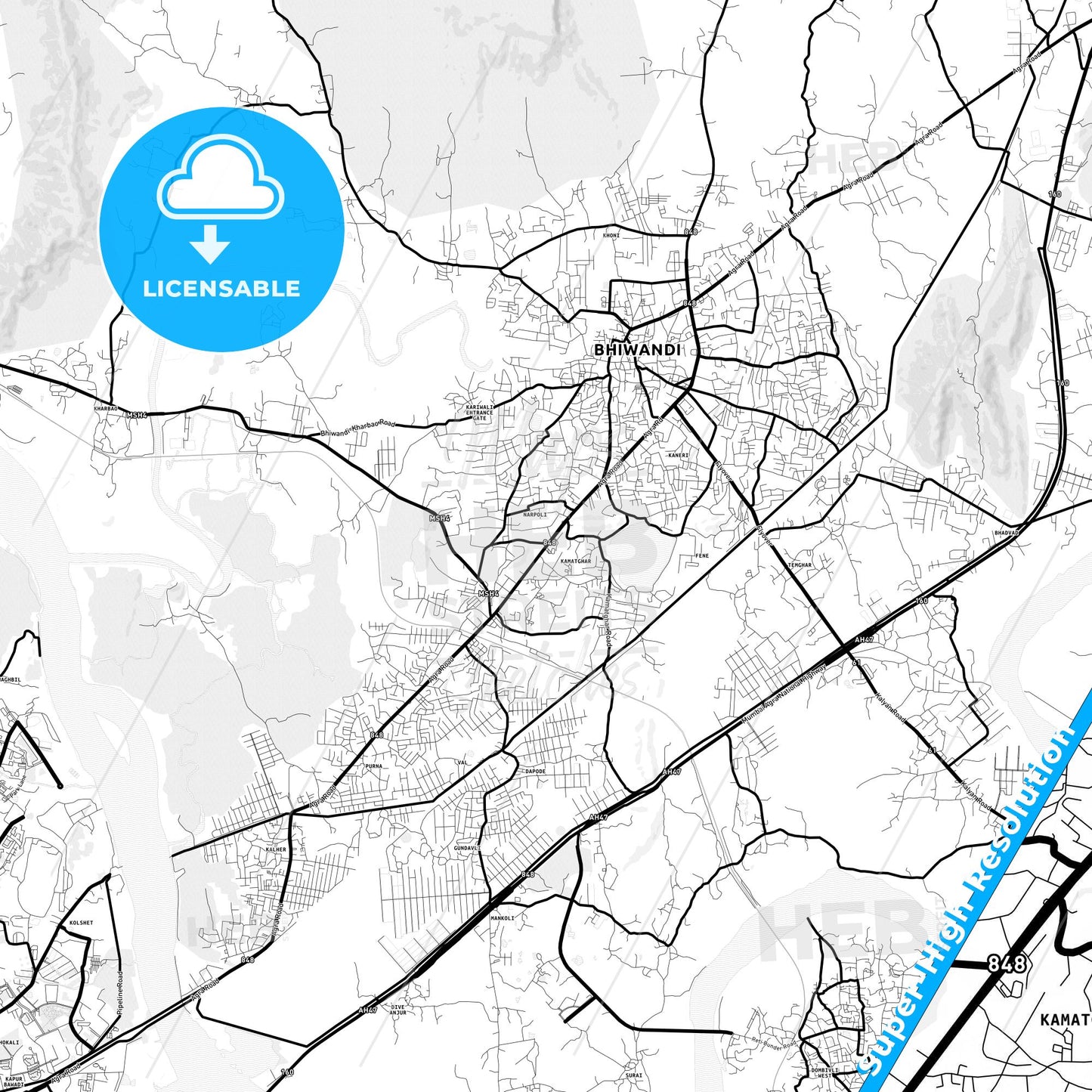 Bhiwandi, India Light Map with Street Names, City Names, and Districts