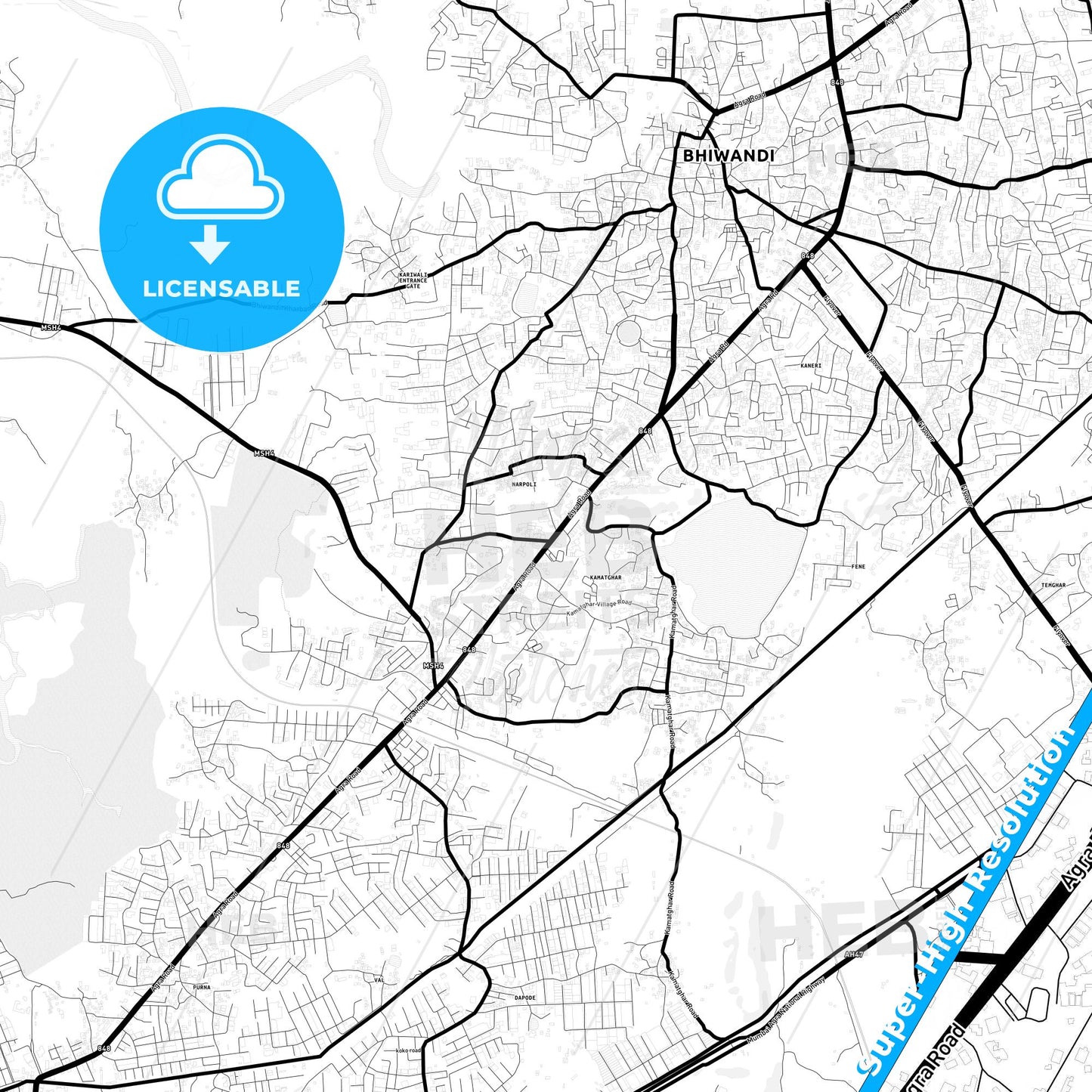 Bhiwandi, India Light Map with Street Names, City Names, and Districts