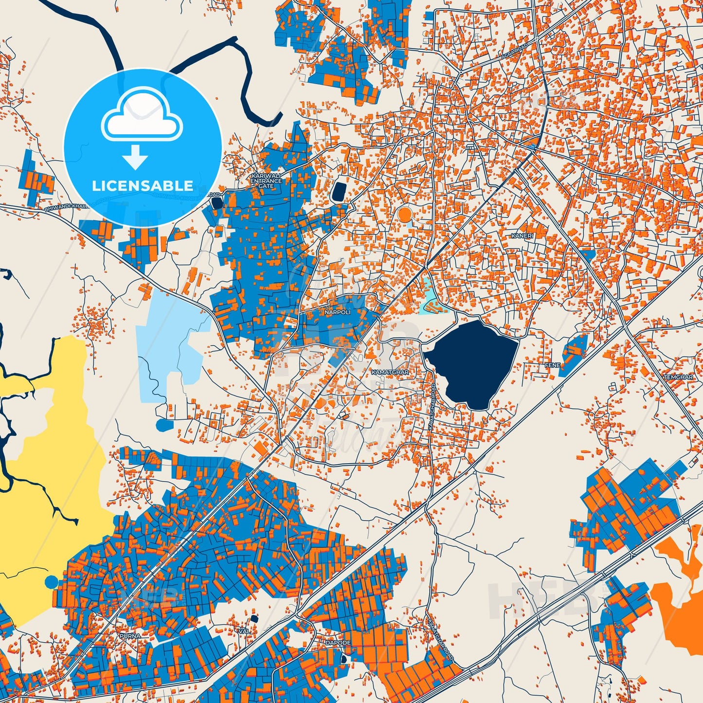 Colorful Bhiwandi Street Map with Labels and Buildings