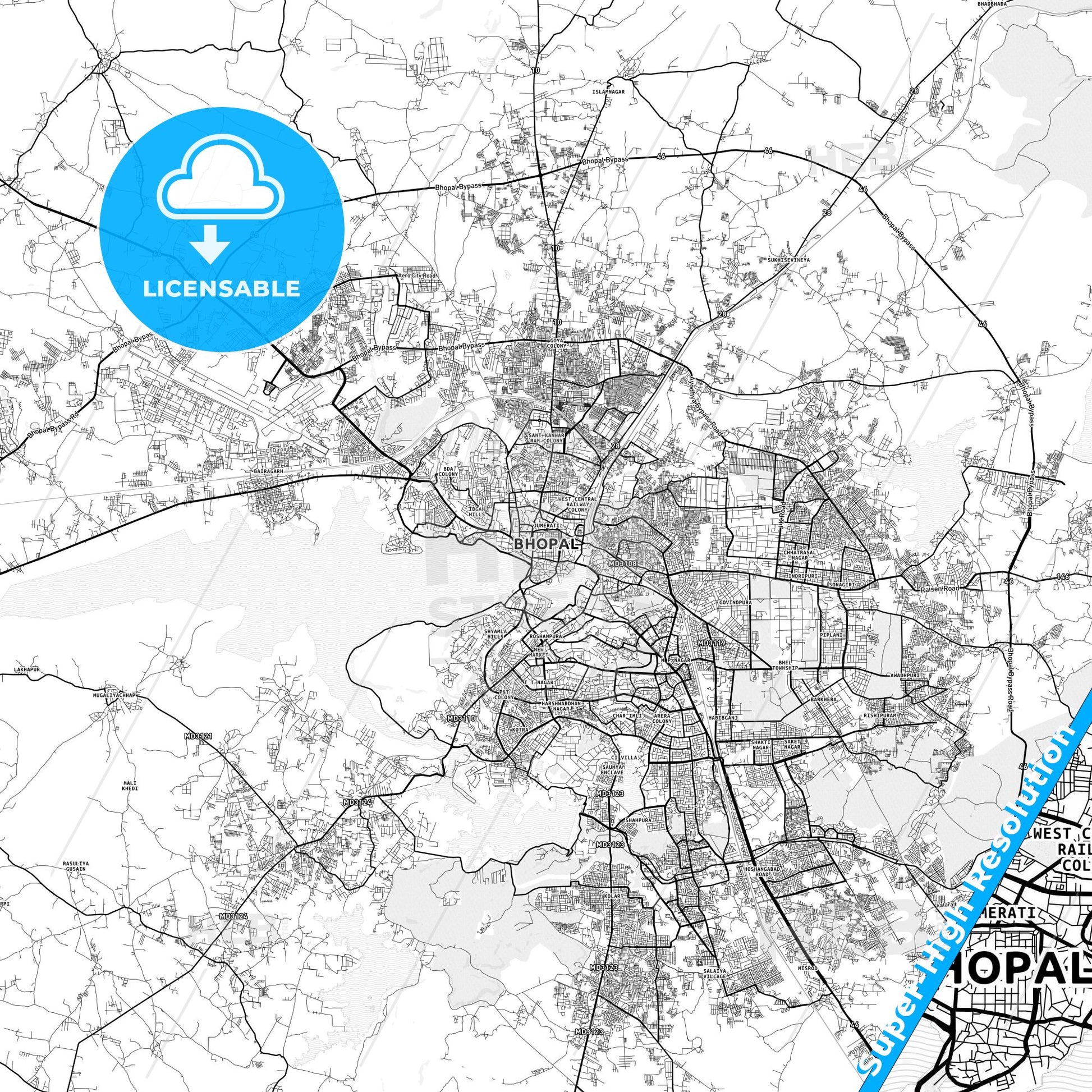 Bhopal, India light map with streetnames, citynames and districts
