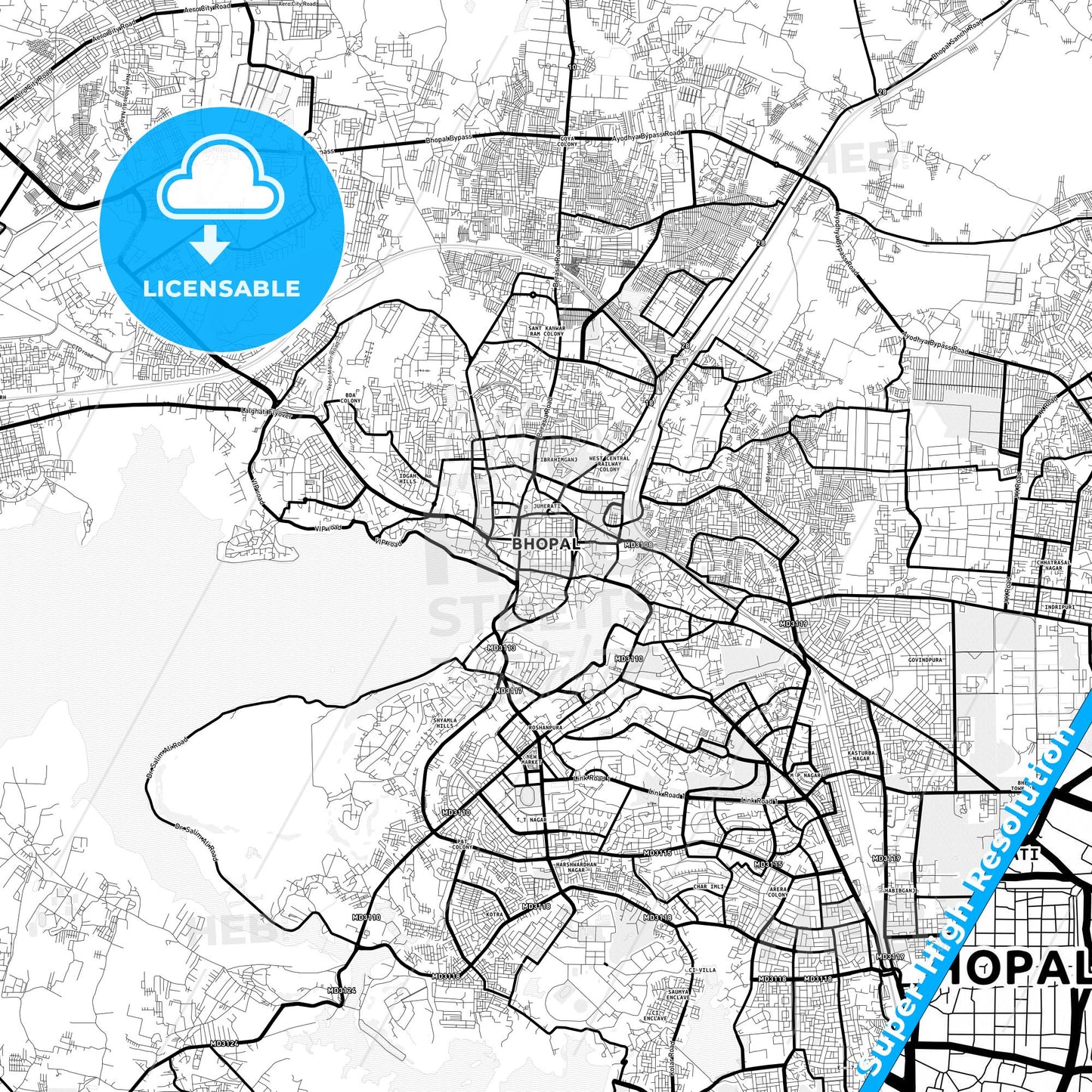 Bhopal, India Light Map with Street Names, City Names, and Districts