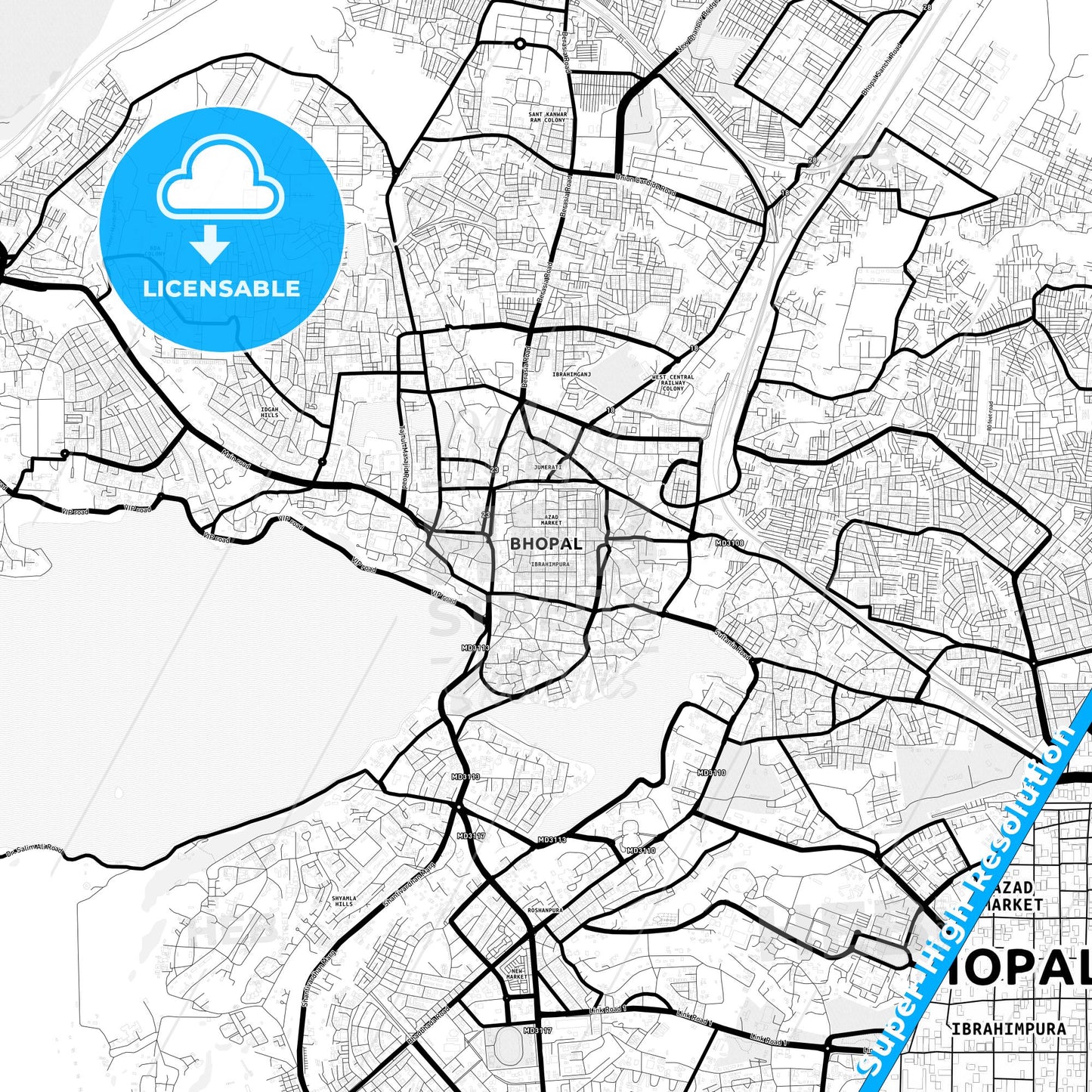 Bhopal, India Light Map with Street Names, City Names, and Districts