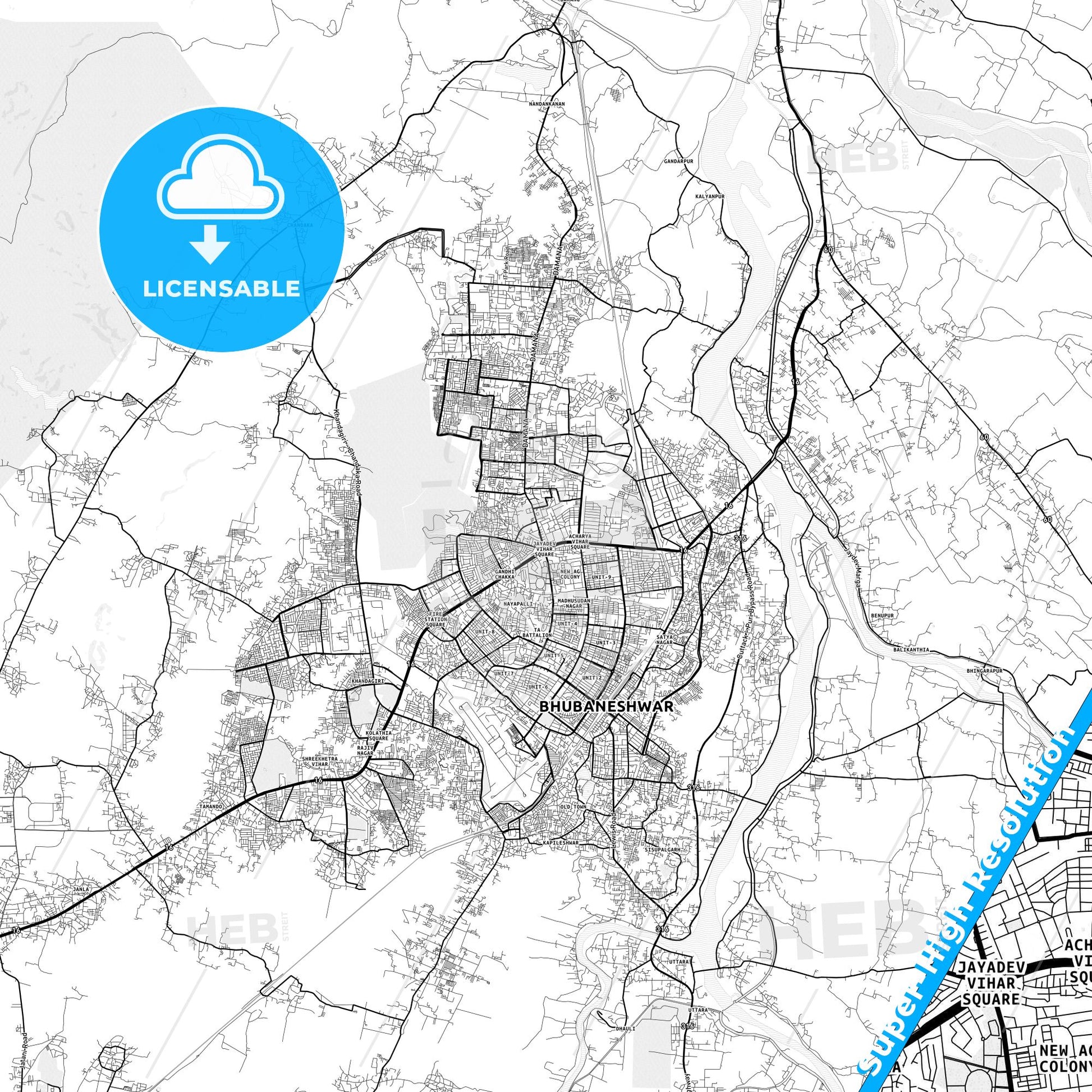 Bhubaneswar, India light map with streetnames, citynames and districts