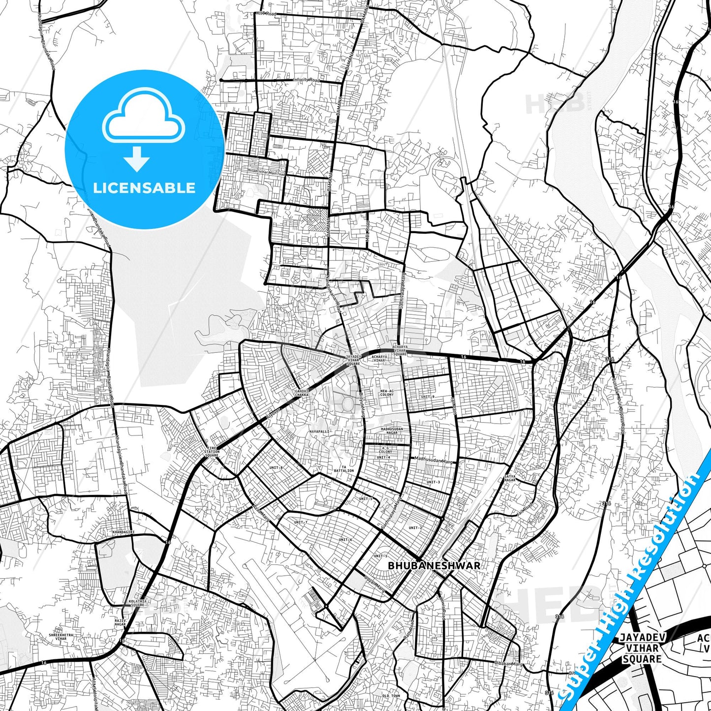 Bhubaneswar, India Light Map with Street Names, City Names, and Districts