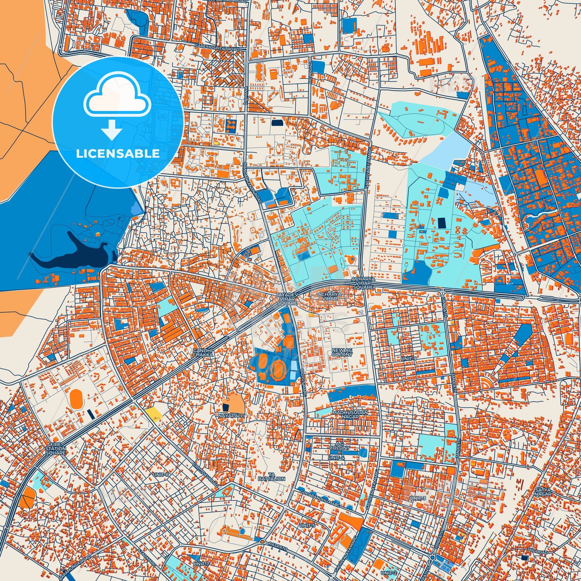 Colorful Bhubaneswar Street Map with Labels and Buildings