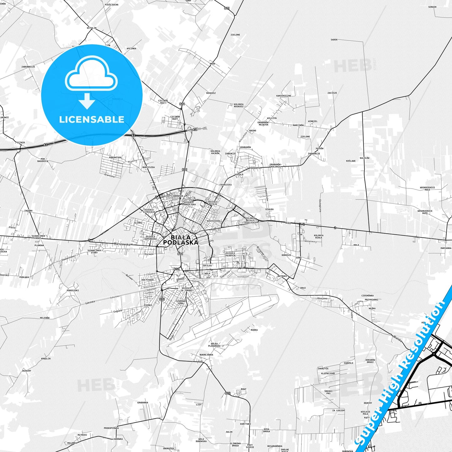 Biała Podlaska, Poland light map with streetnames, citynames and districts