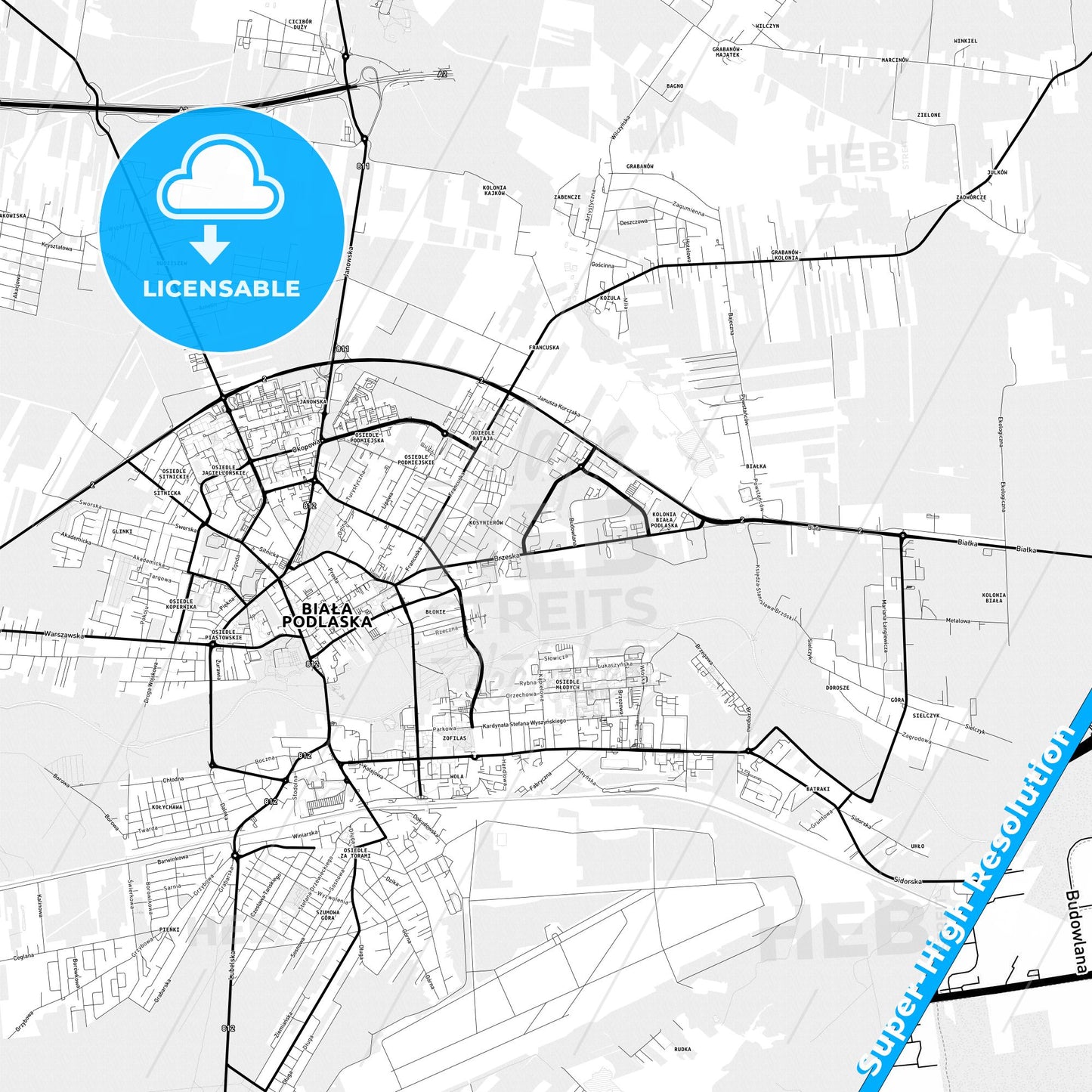 Biała Podlaska, Poland Light Map with Street Names, City Names, and Districts