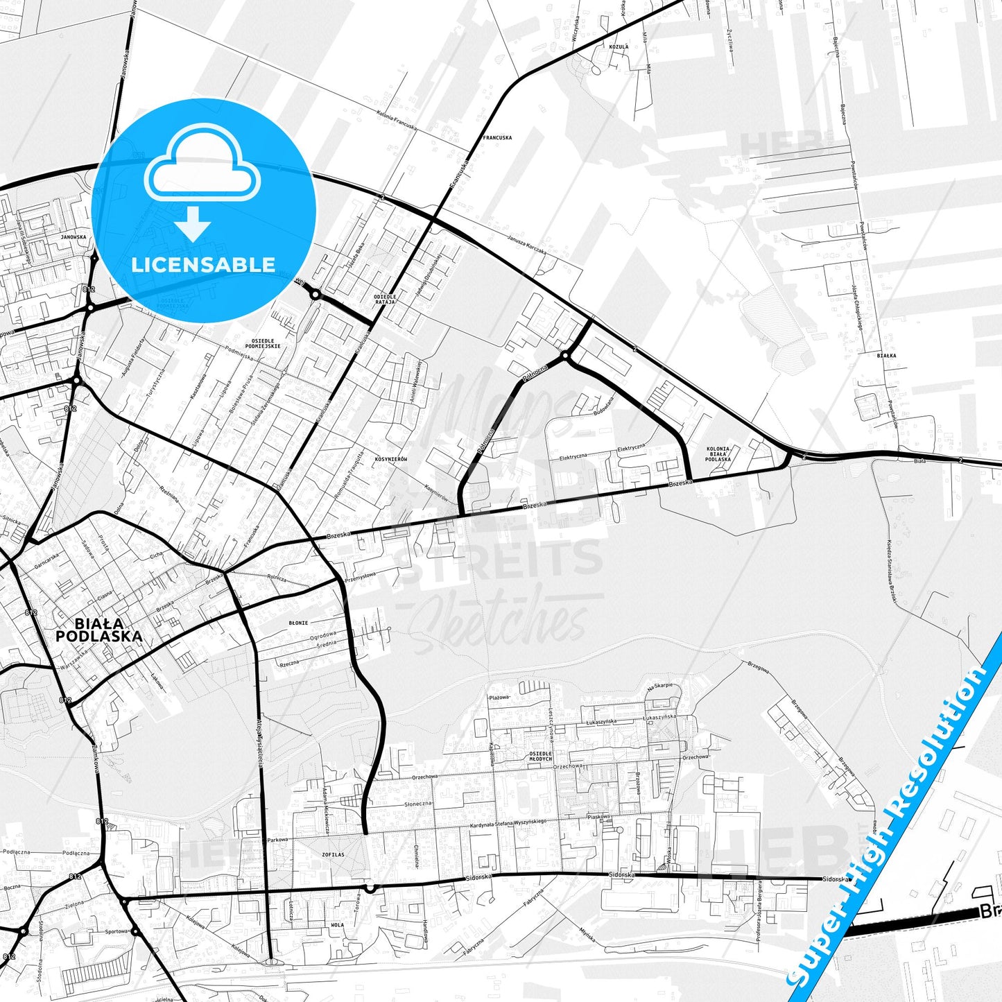 Biała Podlaska, Poland Light Map with Street Names, City Names, and Districts