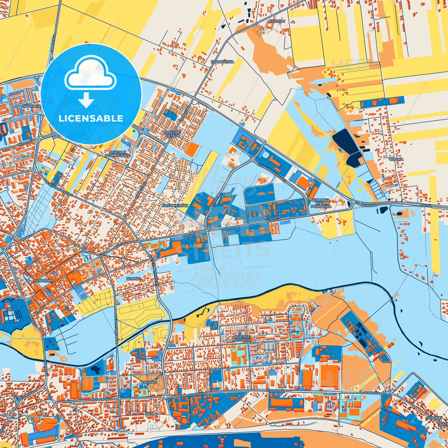 Colorful Biała Podlaska Street Map with Labels and Buildings