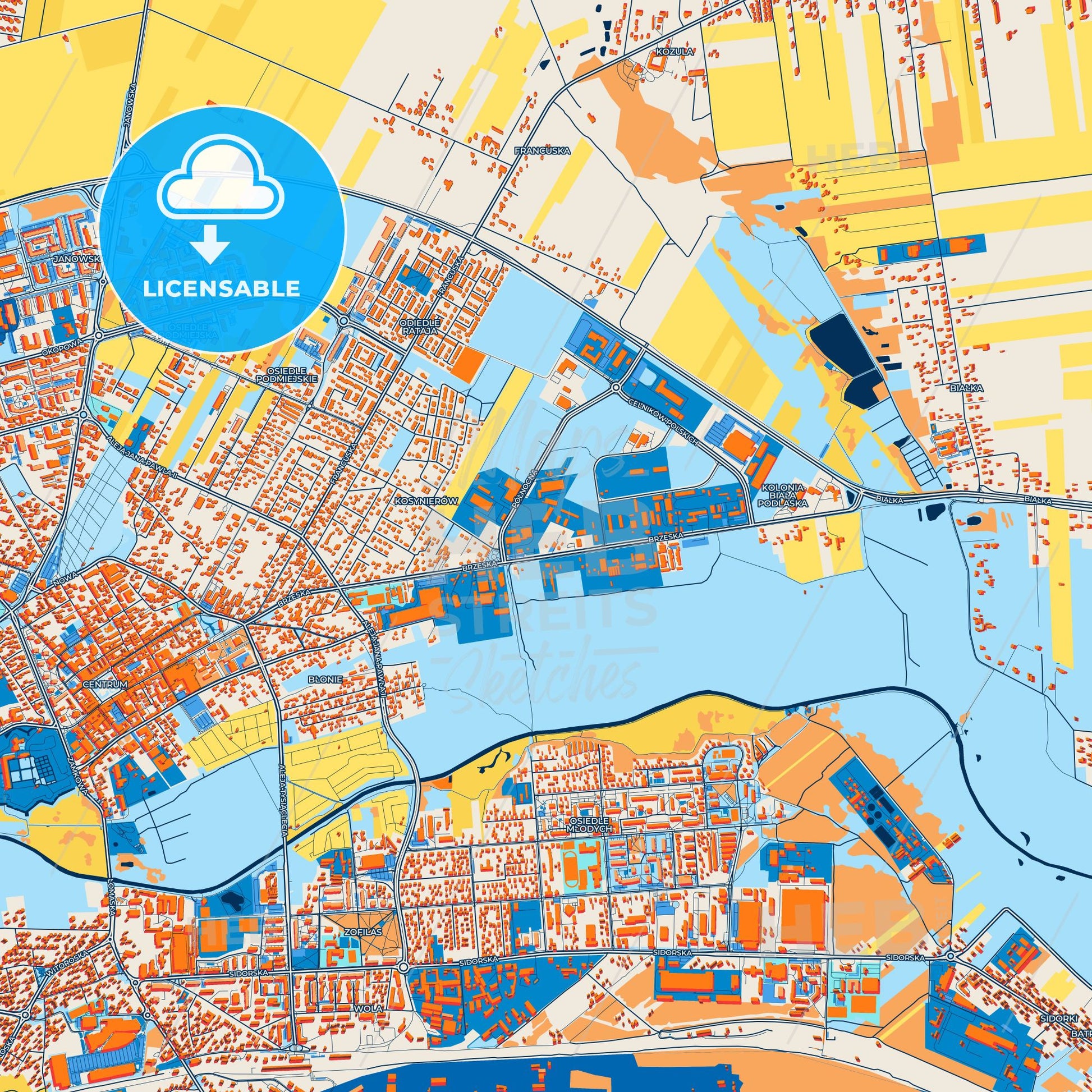 Colorful Biała Podlaska Street Map with Labels and Buildings