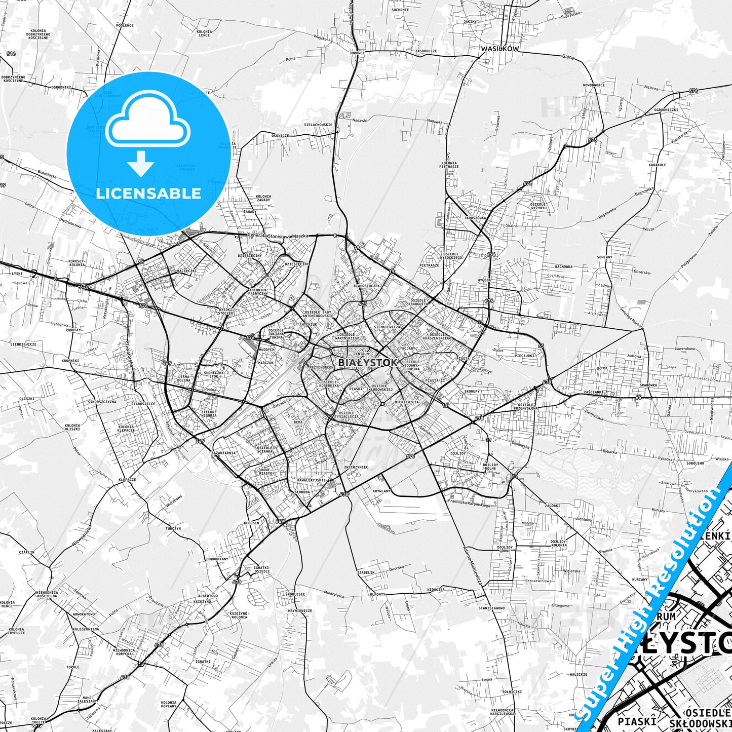 Białystok, Poland light map with streetnames, citynames and districts
