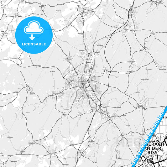 Biberach an der Riß, Germany light map with streetnames, citynames and districts