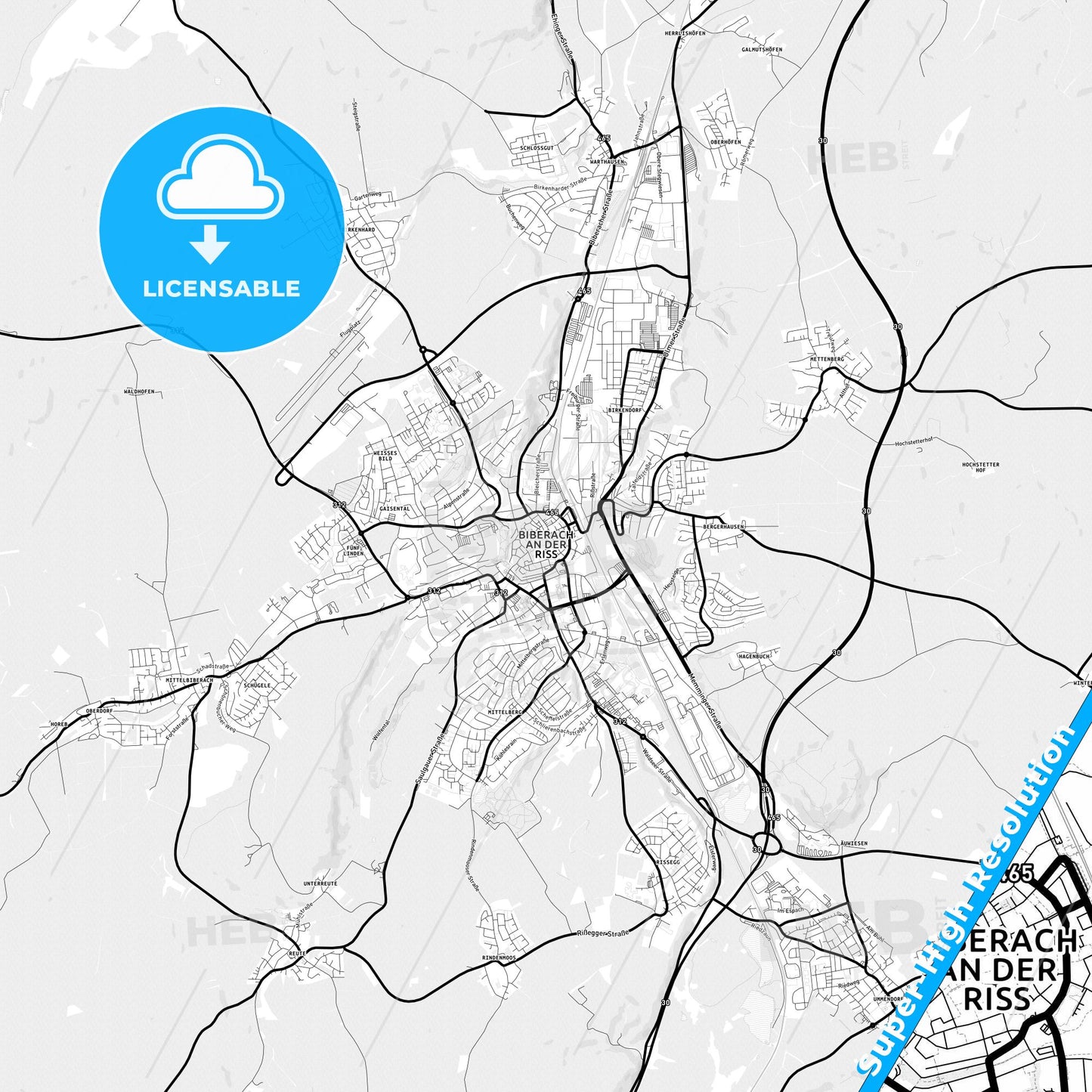 Biberach an der Riß, Germany Light Map with Street Names, City Names, and Districts
