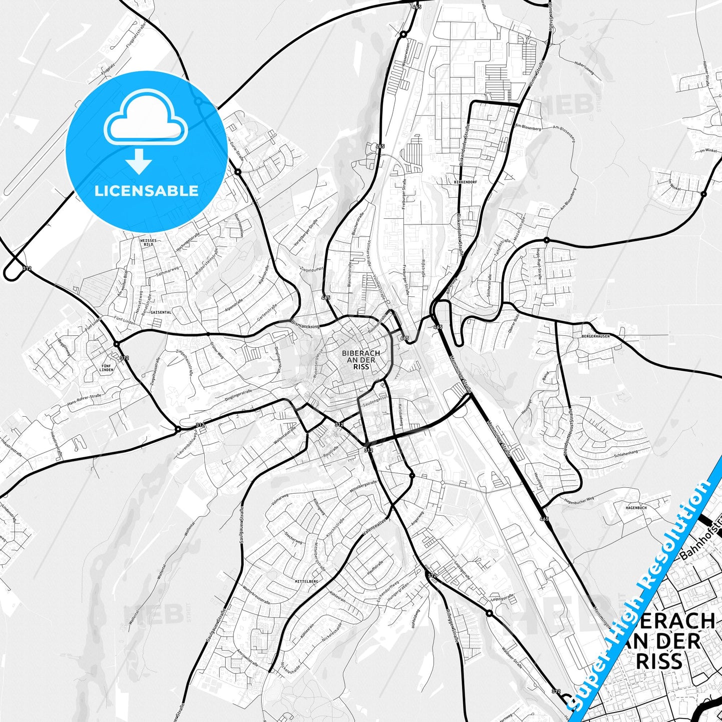 Biberach an der Riß, Germany Light Map with Street Names, City Names, and Districts