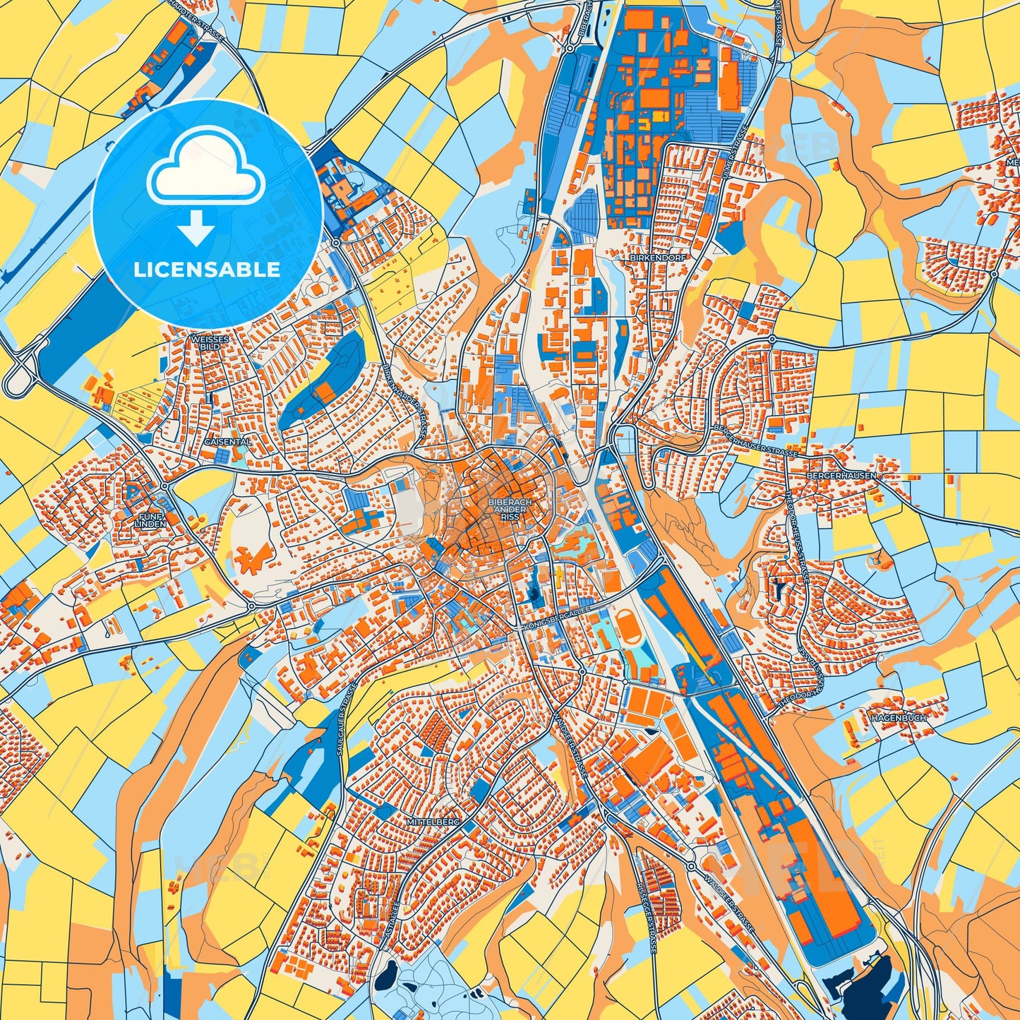 Colorful Biberach an der Riß Street Map with Labels and Buildings