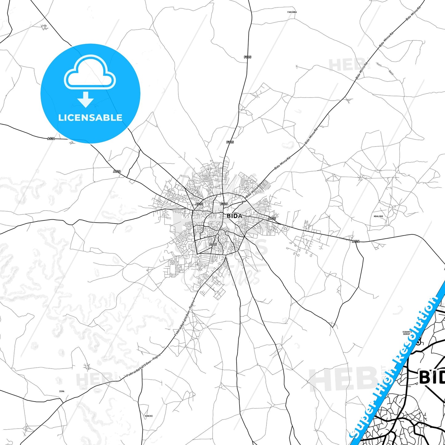 Bida, Nigeria light map with streetnames, citynames and districts