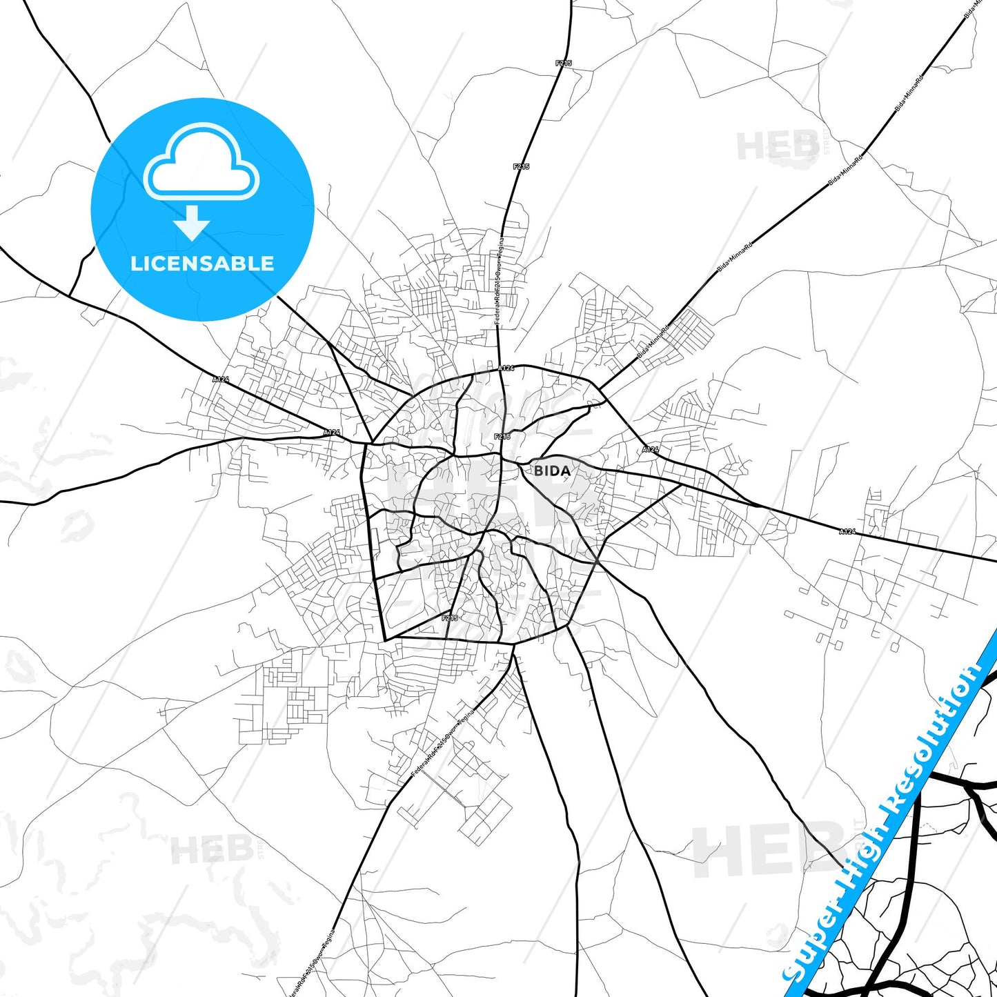 Bida, Nigeria Light Map with Street Names, City Names, and Districts