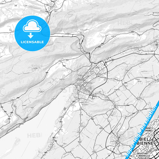 Biel/Bienne, Switzerland light map with streetnames, citynames and districts