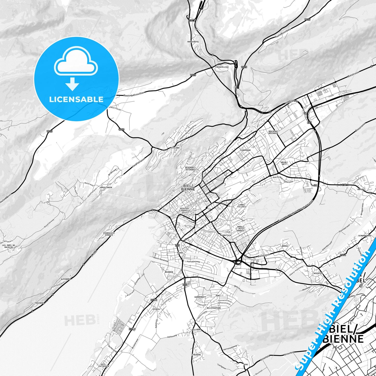 Biel/Bienne, Switzerland Light Map with Street Names, City Names, and Districts