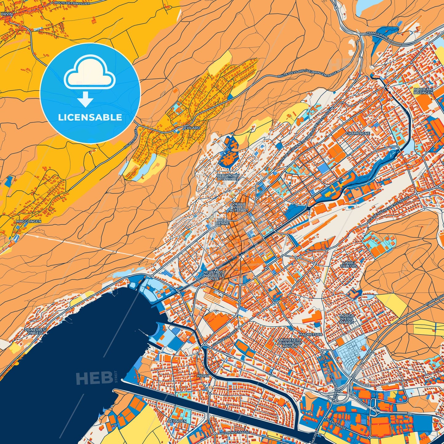 Colorful Biel/Bienne Street Map with Labels and Buildings