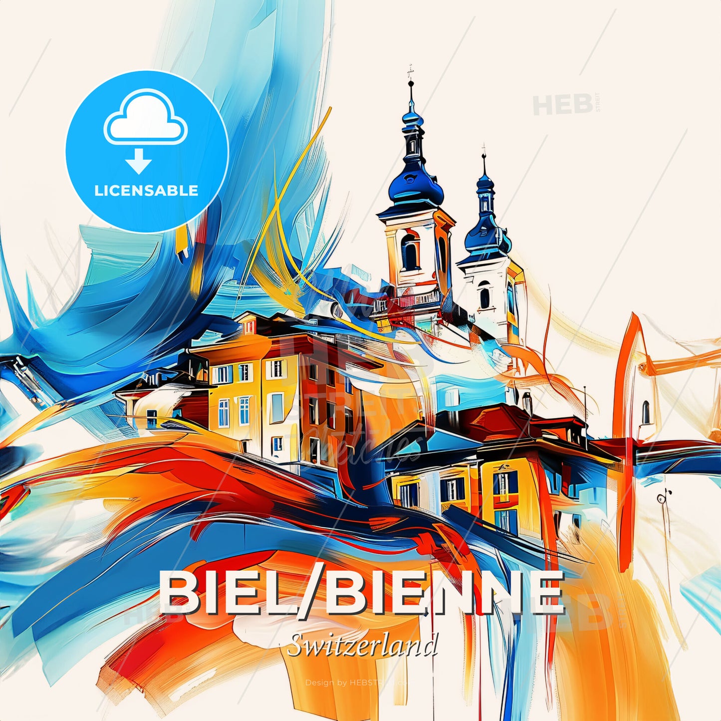 Vibrant Biel/Bienne, Switzerland - A Painting Of A Building With Blue And Orange Paint - Square format print template