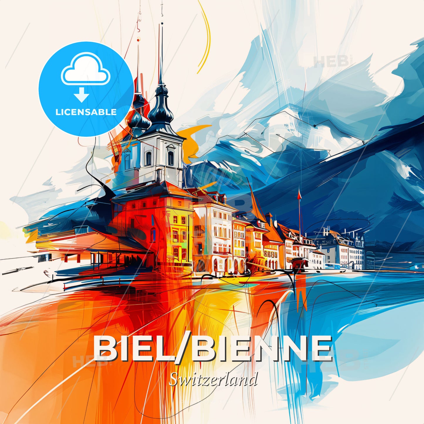 Vibrant Biel/Bienne, Switzerland - A Painting Of A Building With Mountains In The Background - Square format print template