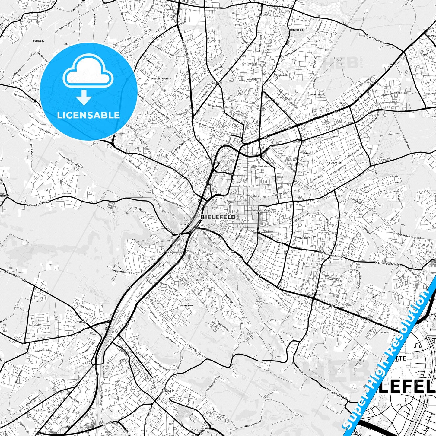 Bielefeld, Germany Light Map with Street Names, City Names, and Districts