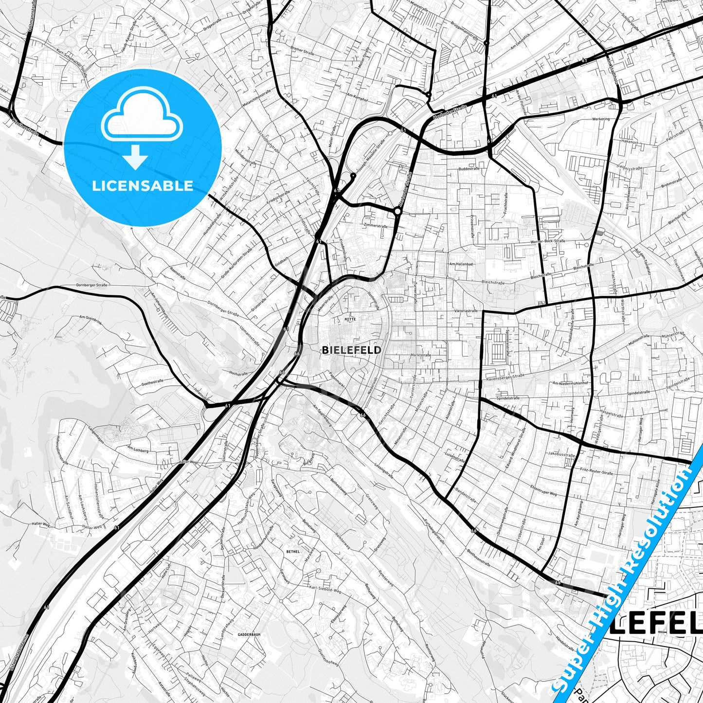 Bielefeld, Germany Light Map with Street Names, City Names, and Districts