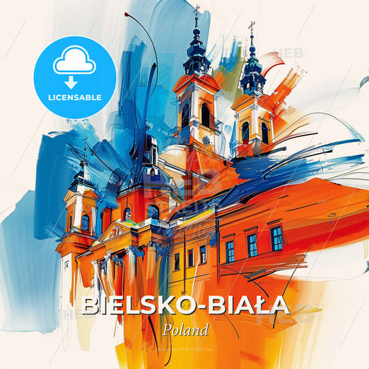 Vibrant Bielsko-Biała, Poland - A Painting Of A Building With Towers - Square format print template